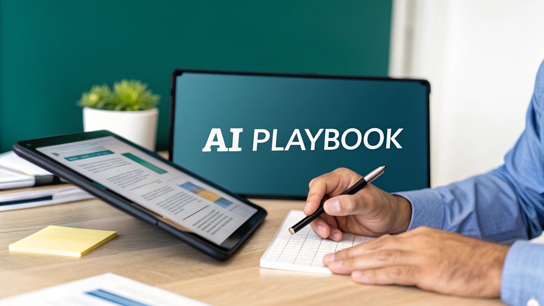 A person and an AI robot collaborating at a desk, symbolising a human-AI partnership.