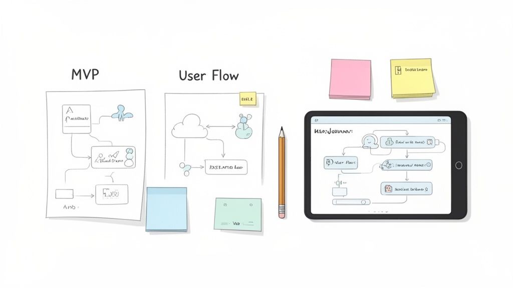A flat lay of product development sketches showing MVP, user flows, sticky notes, and a tablet.