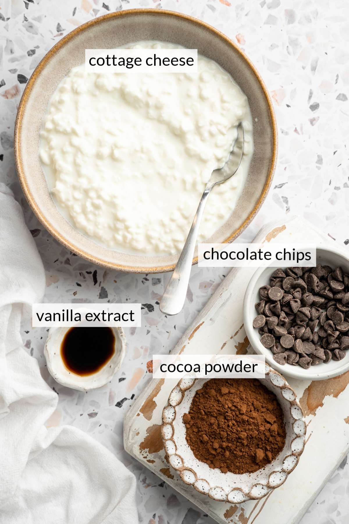 Bowls with cottage cheese, chocolate chips, cocoa powder and vanilla.