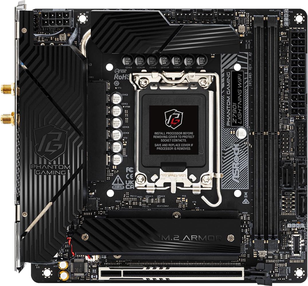 This is an image of the ASRock Z790i Lightning WiFi motherboard, a compact ITX board designed for high-performance Intel systems with DDR5 support and integrated WiFi.