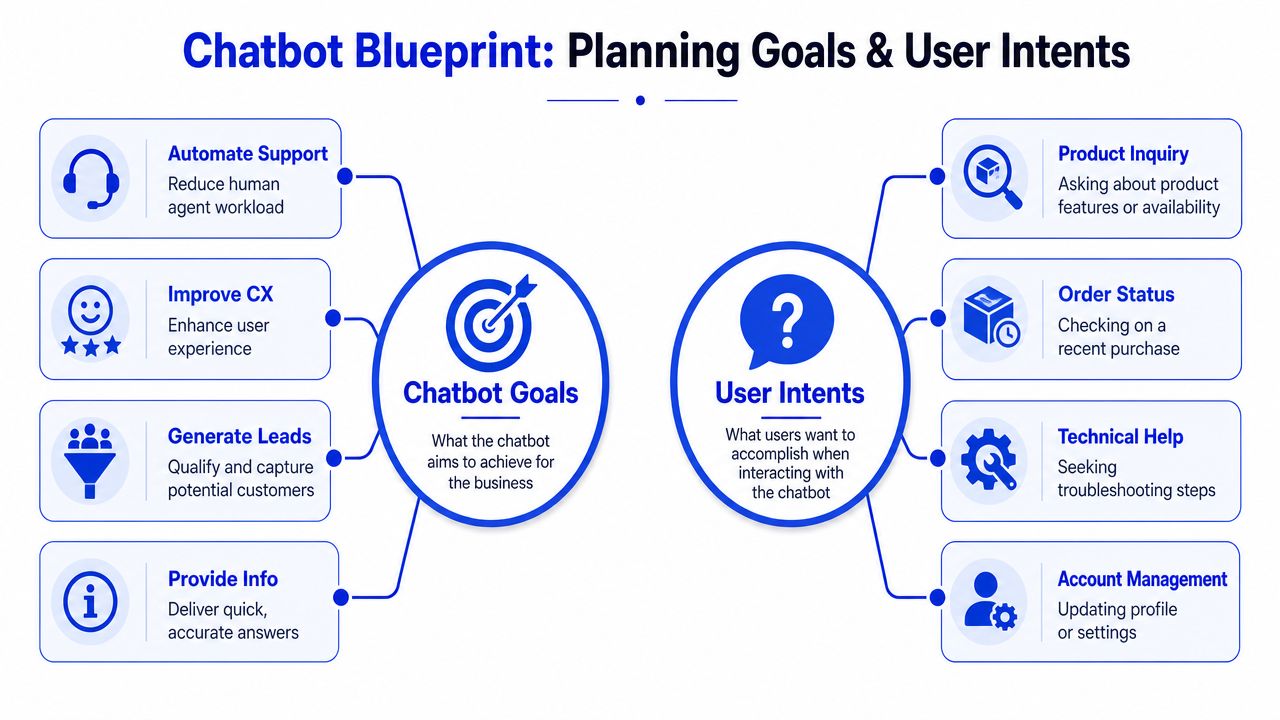 A diagram outlining chatbot goals like support automation and user intents such as technical help requests.