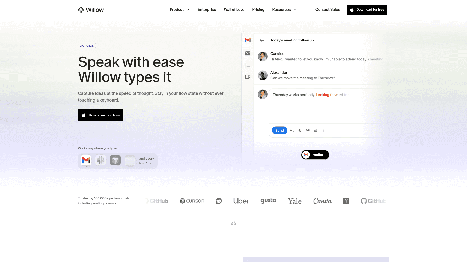 Screenshot of https://willowvoice.com/features/dictation