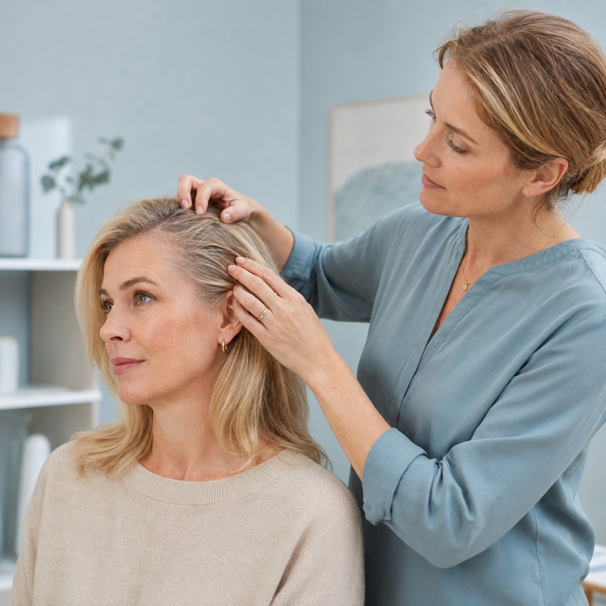Blonde vrouw laat haar hoofdhuid onderzoeken vanwege plotselinge haaruitval.