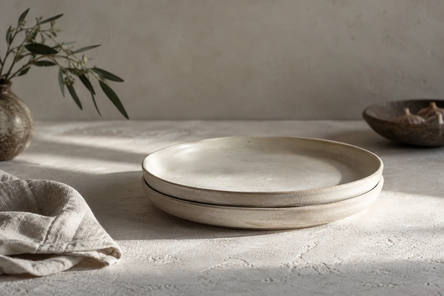 Two stacked shallow ivory ceramic plates on a pale textured table, soft side light