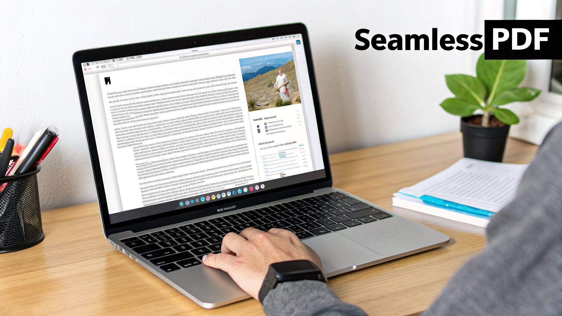 A person typing on a laptop displaying a web page with text and an image, on a wooden desk.