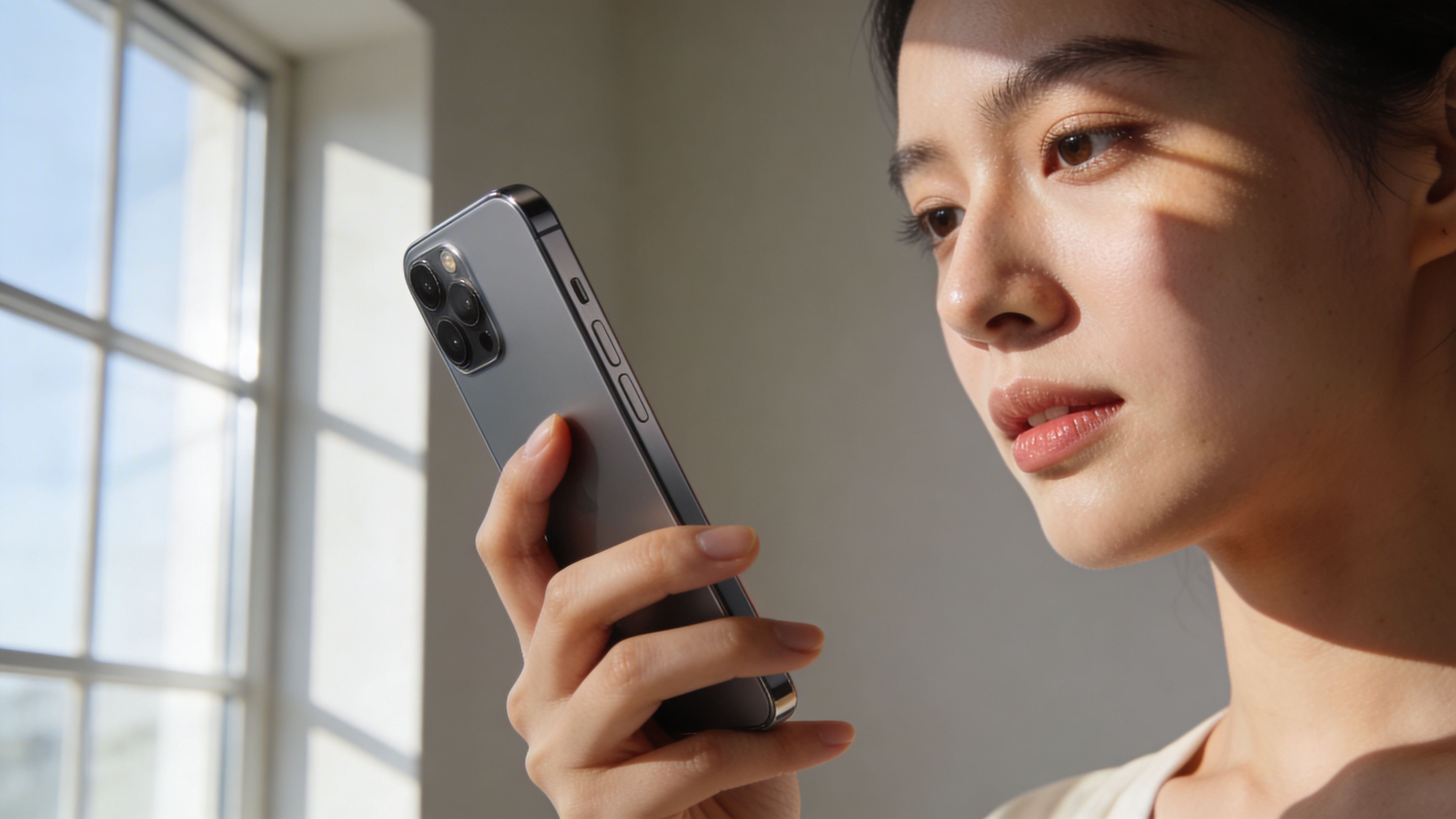 Eine junge Frau betrachtet nachdenklich ihr Smartphone in einer hellen Umgebung mit natürlichem Tageslicht am Fenster.