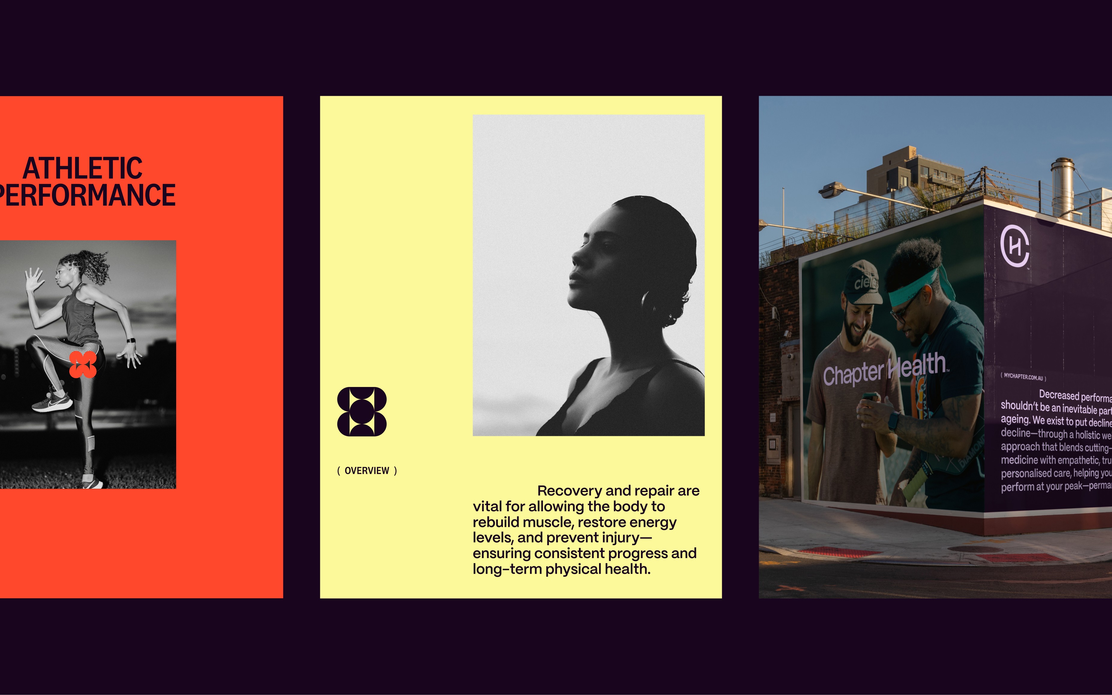 Athletic woman running at night promoting Chapter Health’s holistic performance programs, Australia Black and white portrait of woman representing wellness and recovery at Chapter Health Outdoor billboard for Chapter Health holistic healthcare in Australia, featuring two men discussing fitness