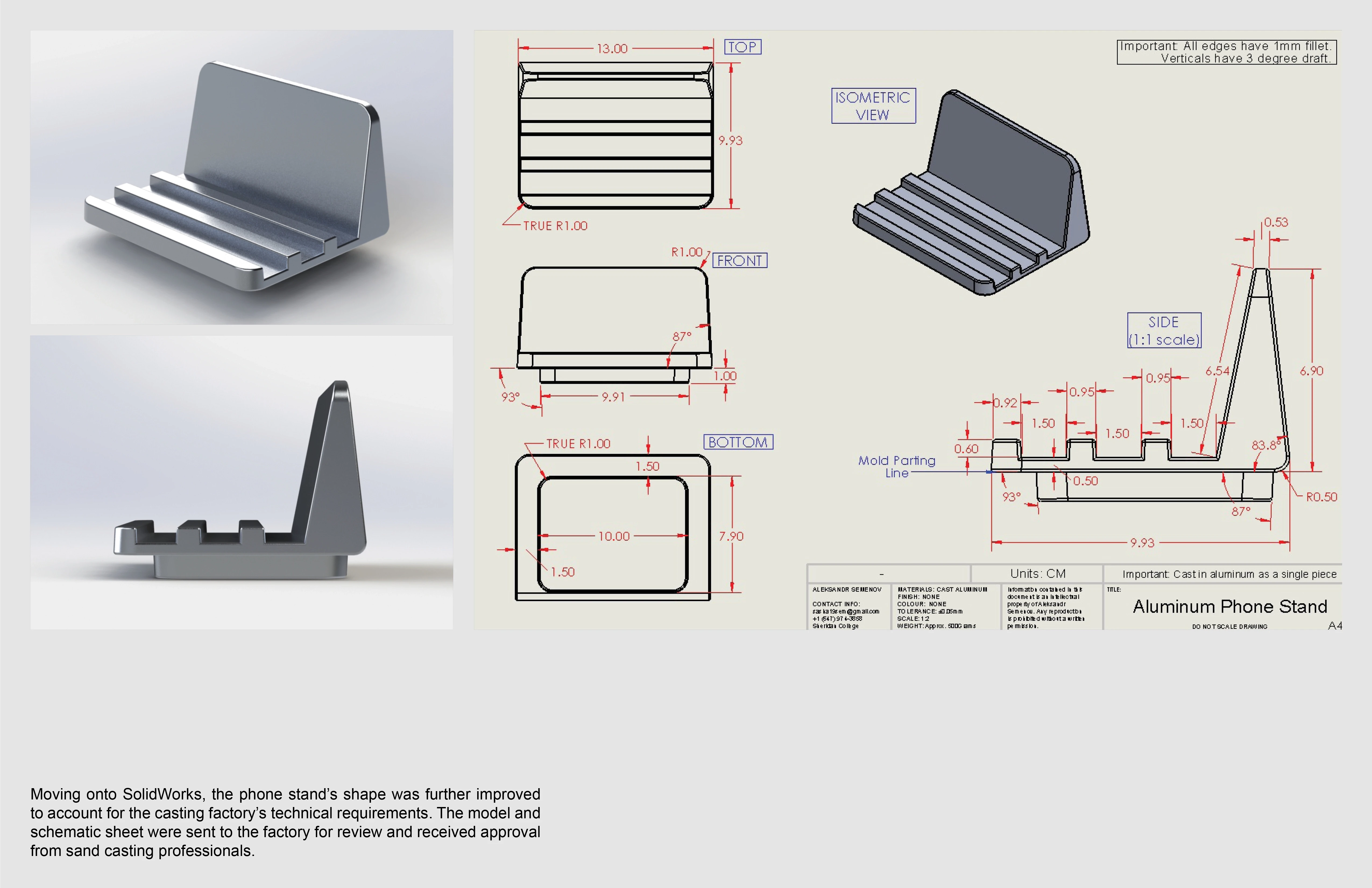 SolidWorks models and design drawings of the phone stand.