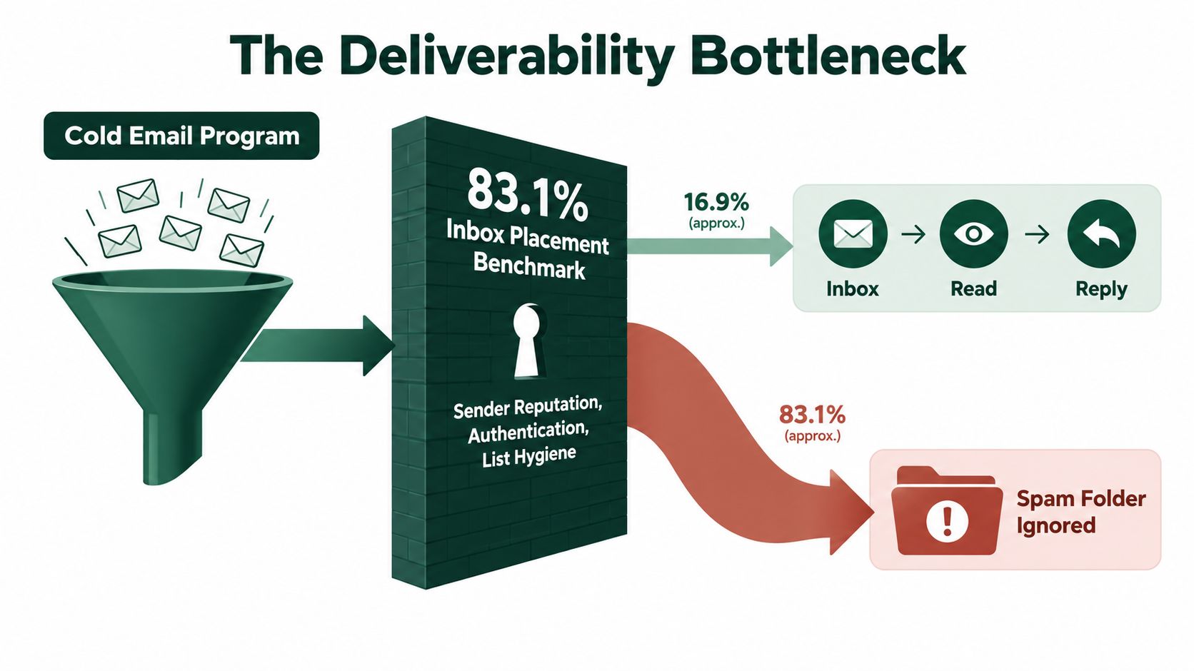 A diagram titled The Deliverability Bottleneck showing how cold email programs face challenges with inbox placement.