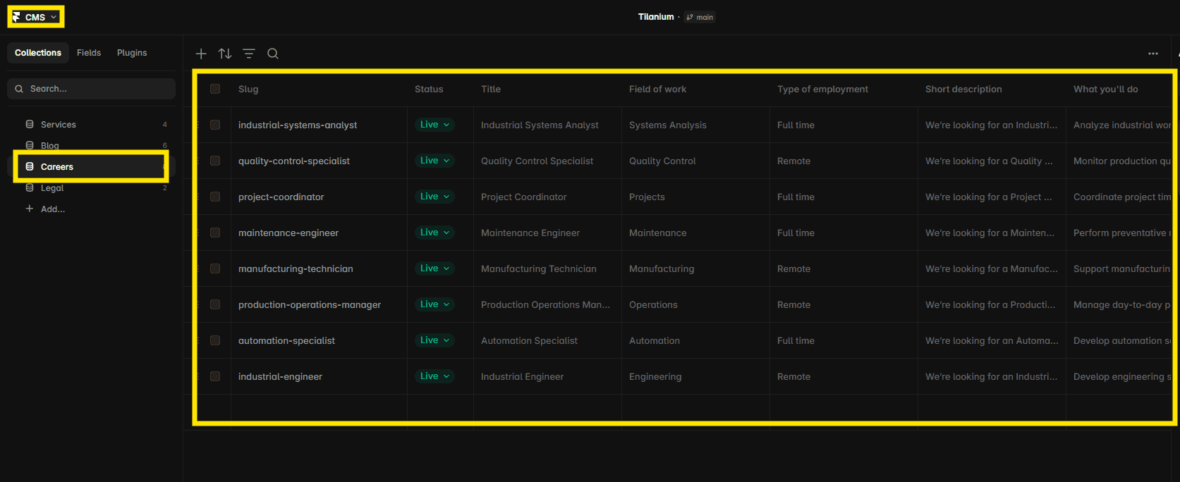 Managing Tilanium career cards through the Careers CMS collection