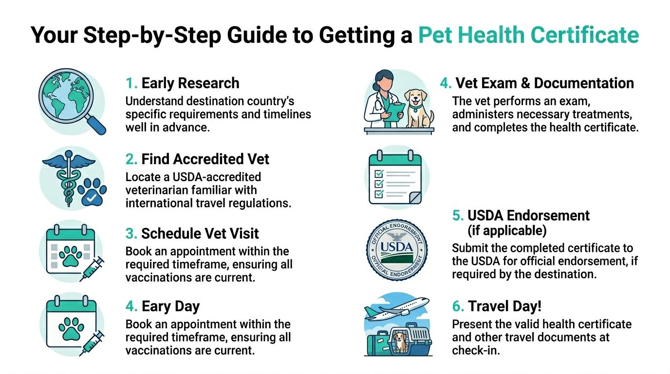 An infographic showing a six-step guide to obtaining a pet health certificate for international travel.