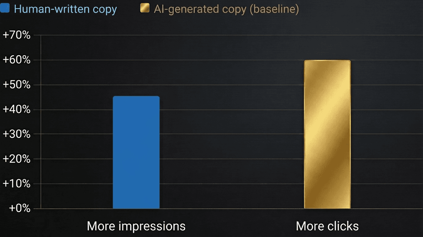 Bar chart comparing digital marketing performance showing human-written copy achieving +45% more impressions and AI-generated copy achieving +60% more clicks.