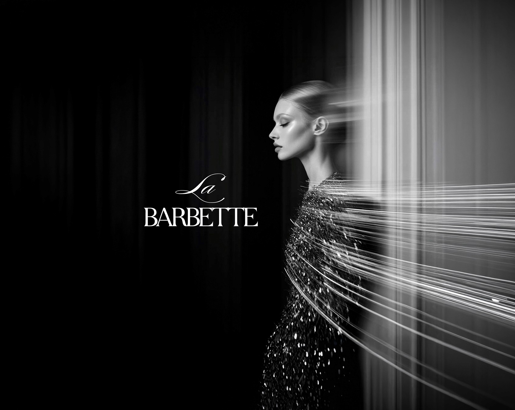 Monochrome luxury brand identity for La Barbette featuring elegant typography, fashion photography, and refined minimal layouts across digital and print applications.
