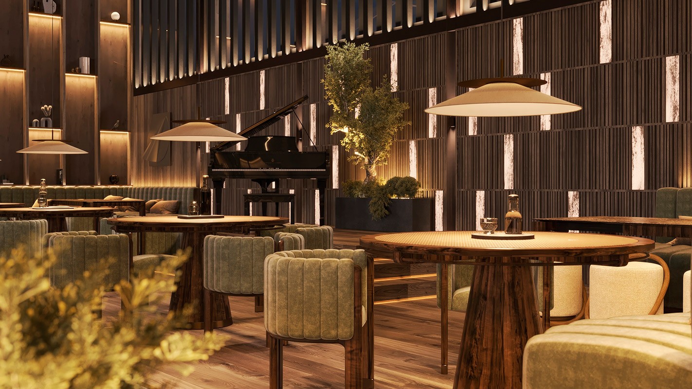 Peakside Chalets Cyprus dining lounge with round timber tables, upholstered seating, and warm pendant lighting