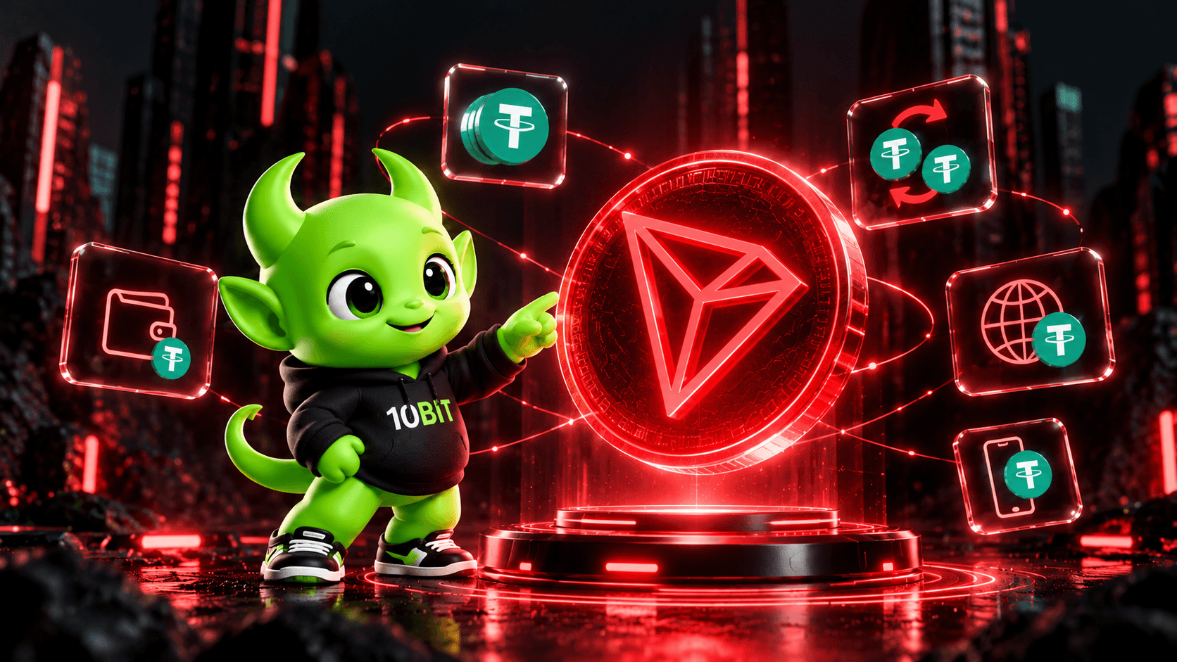 Bitzoo wearing a 10BIT hoodie beside the glowing TRON TRX symbol, surrounded by USDT stablecoins, digital wallets and blockchain payment connections.