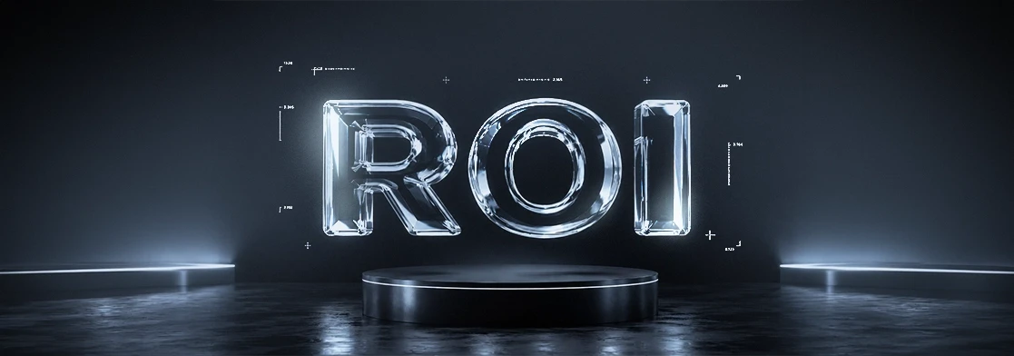 Sigla 'ROI' em letras 3D de vidro transparente flutuando sobre um pódio circular preto em um ambiente escuro e futurista