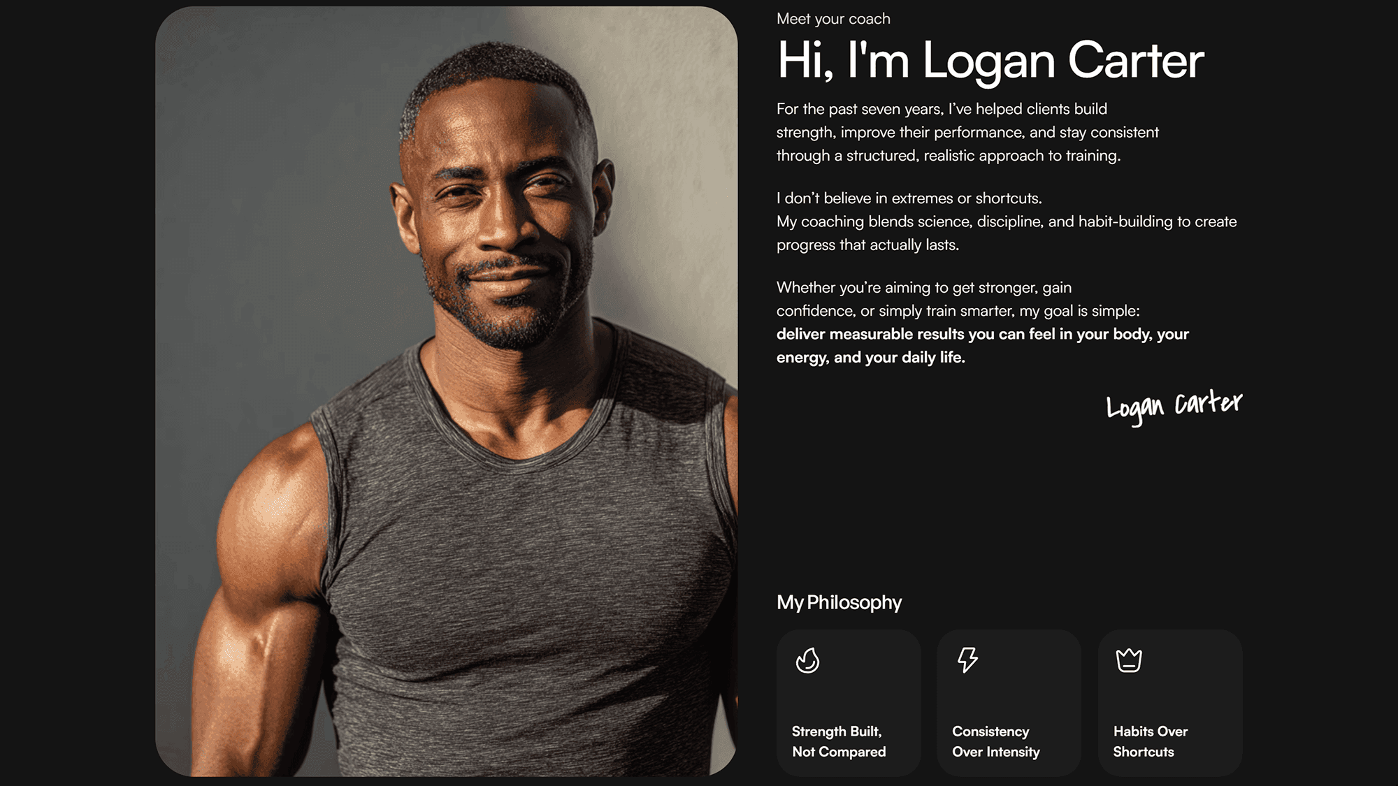 Personal trainer introduction section presenting the coach’s expertise and training philosophy