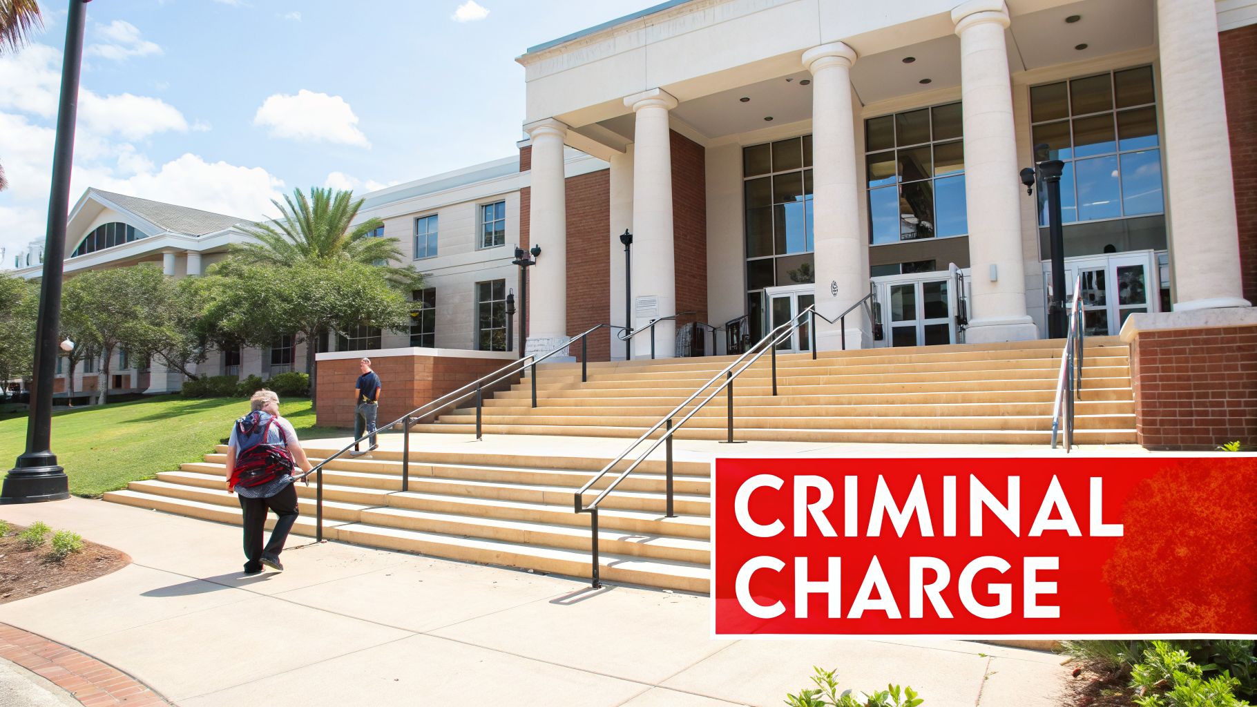 A large courthouse building with wide steps and pillars, featuring two men and a 'CRIMINAL CHARGE' banner.