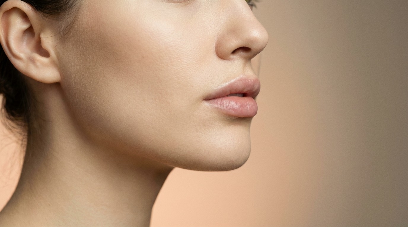 Zijaanzicht van het gezicht van een vrouw met de nadruk op de lippen en kin. De verlichting is zacht en contourerend om volume en definitie te laten zien zonder te overdrijven. Natuurlijk 'zonder-make-up' make-up look. Achtergrond: Zacht perzik- en beigeverloop. Stijl: Hoogwaardige architecturale fotografie 8k resolutie zacht daglicht minimalistische luxe neutrale kleurenpalet (Beige Taupe Crème Zacht Goud).