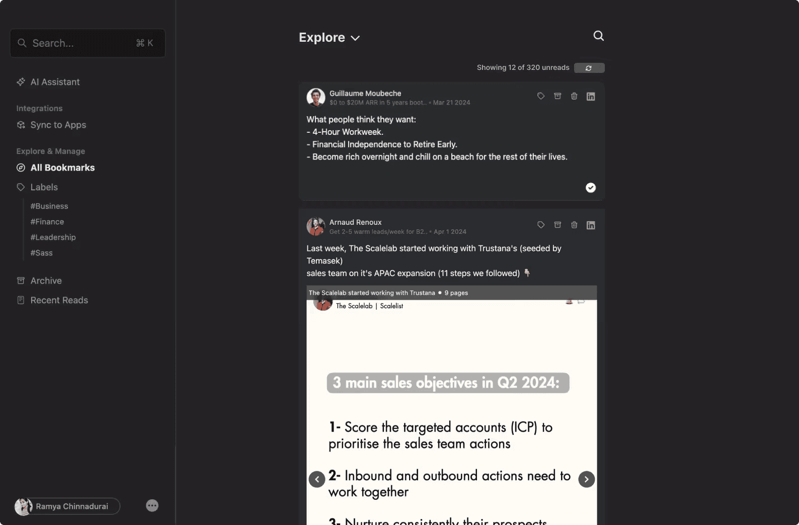 LinkedMash's dashboard, showing a list of a user's bookmarked LinkedIn posts