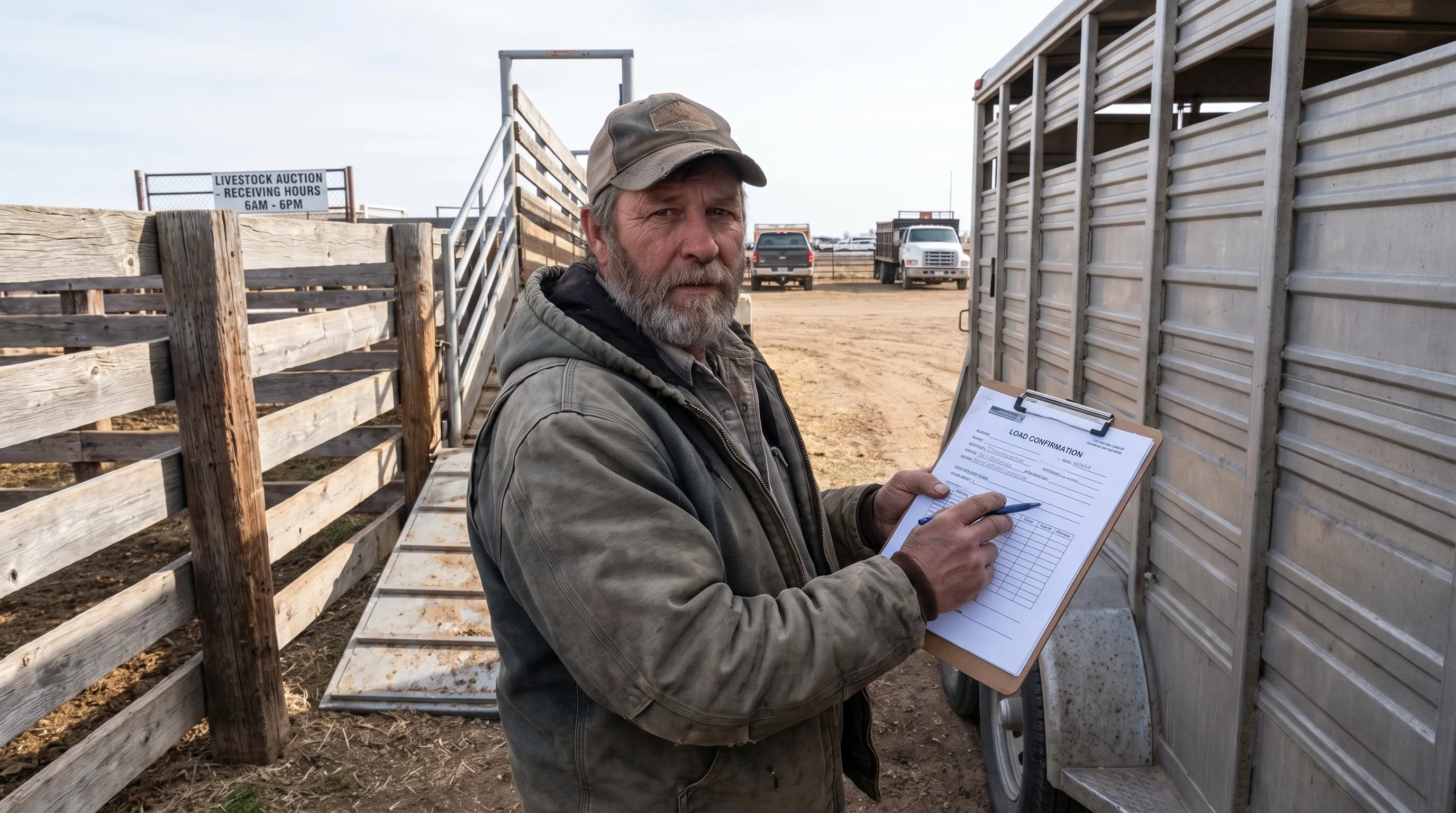 A hauler reviews a printed load confirmation beside a stock trailer, with cattle pens and a loading chute behind, checking details a broker listing may omit.