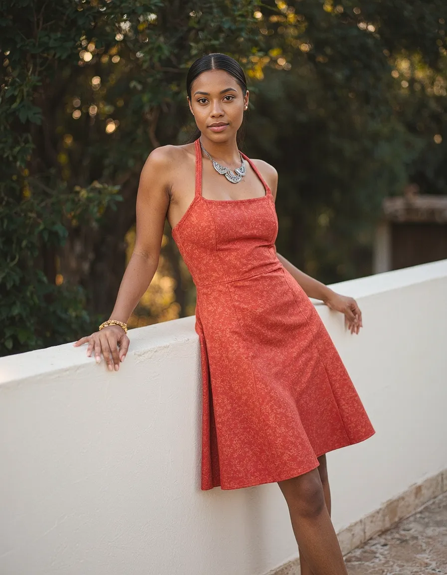 Striking portrait featuring a coral halter sundress against a natural backdrop with golden bokeh lighting and statement silver necklace
