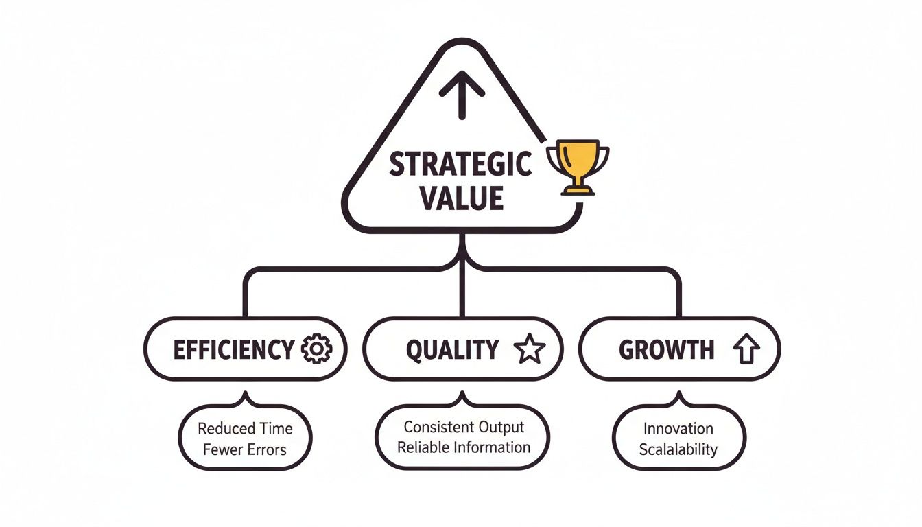 Diagram illustrating strategic value drivers: efficiency, quality, and growth with their benefits.