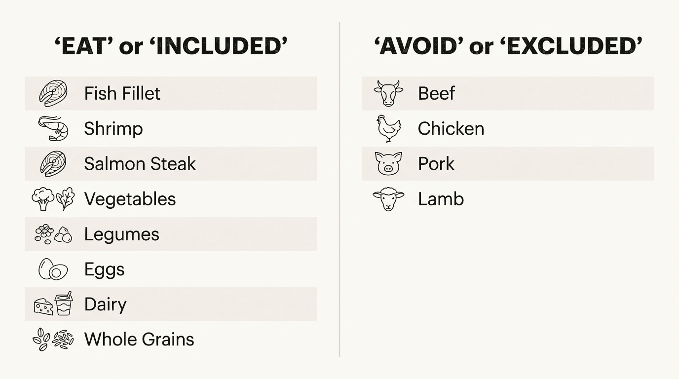Pescatarian diet comparison infographic showing approved and excluded foods