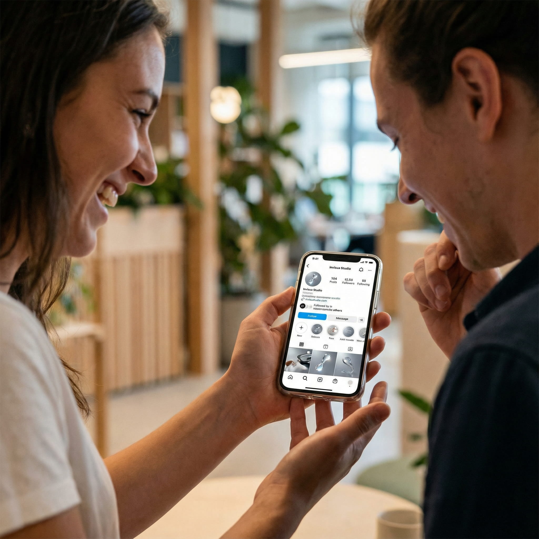 a woman shows a men a smartphone with an instagram account