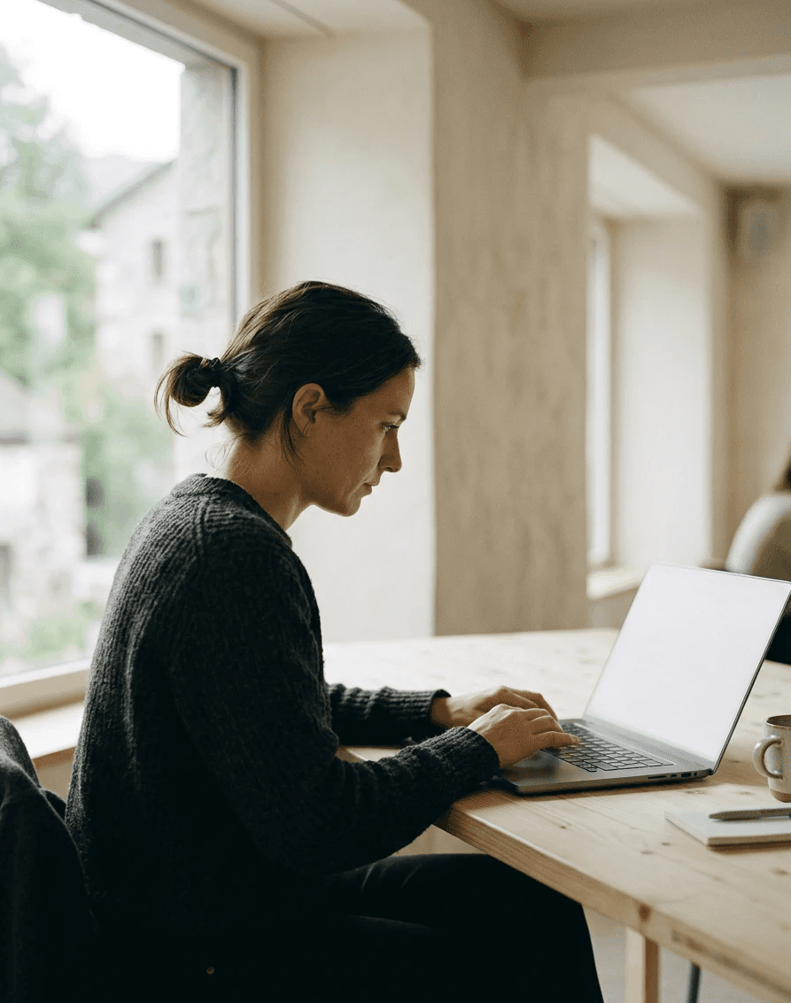 Person am Laptop in einem hellen Büro, mitten in einer Recherche