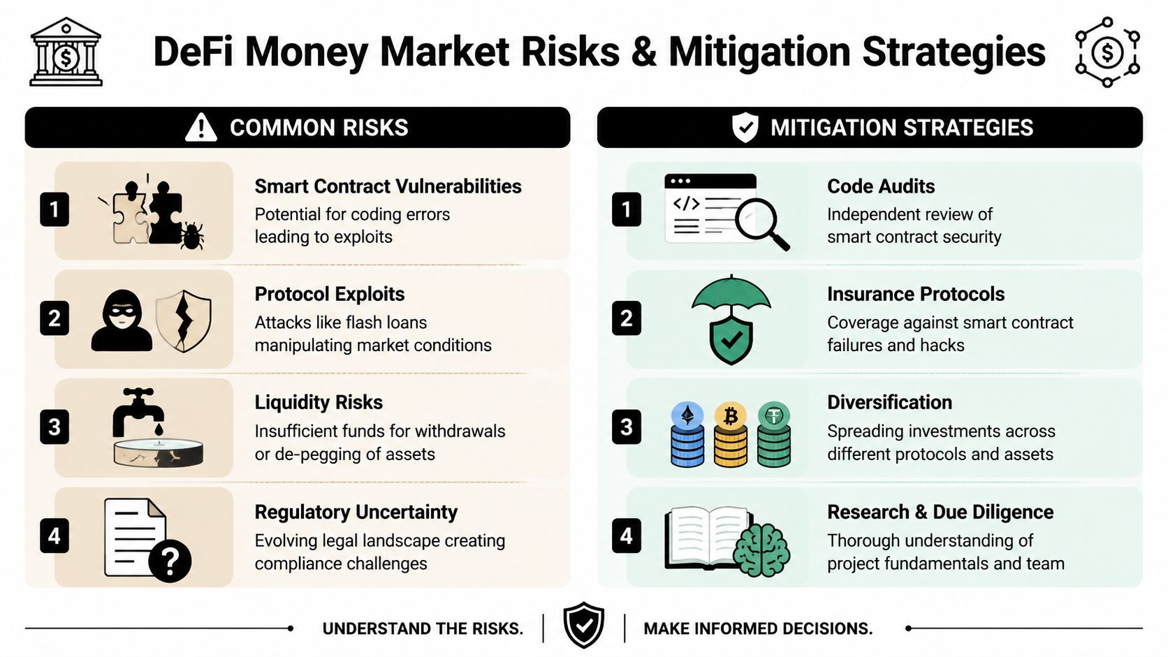 A structured infographic detailing common DeFi money market risks and corresponding mitigation strategies for investors.