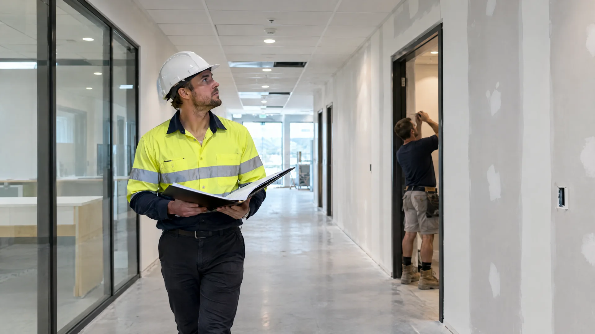 Site engineer inspecting a near-complete commercial fitout with an open ring binder of quality records