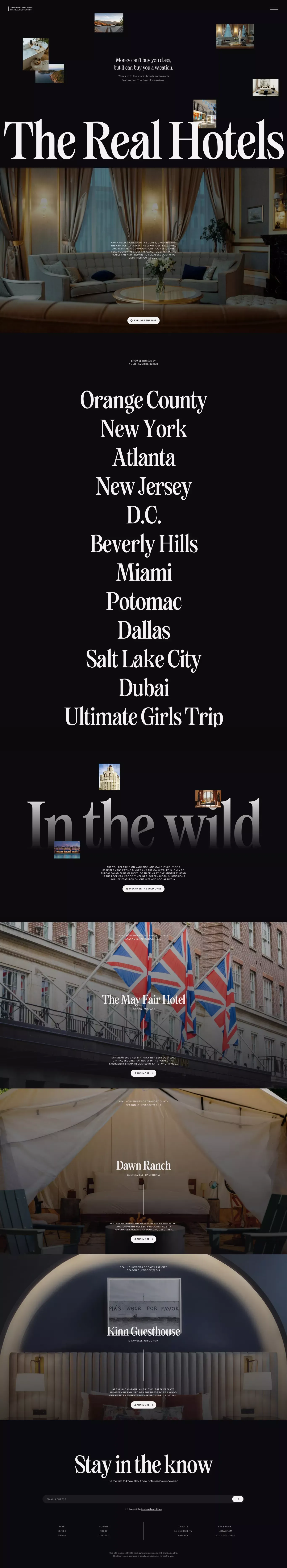 Curated Luxury Hotels from The Real Hous landing page screenshot showcasing Real Estate and Travel design