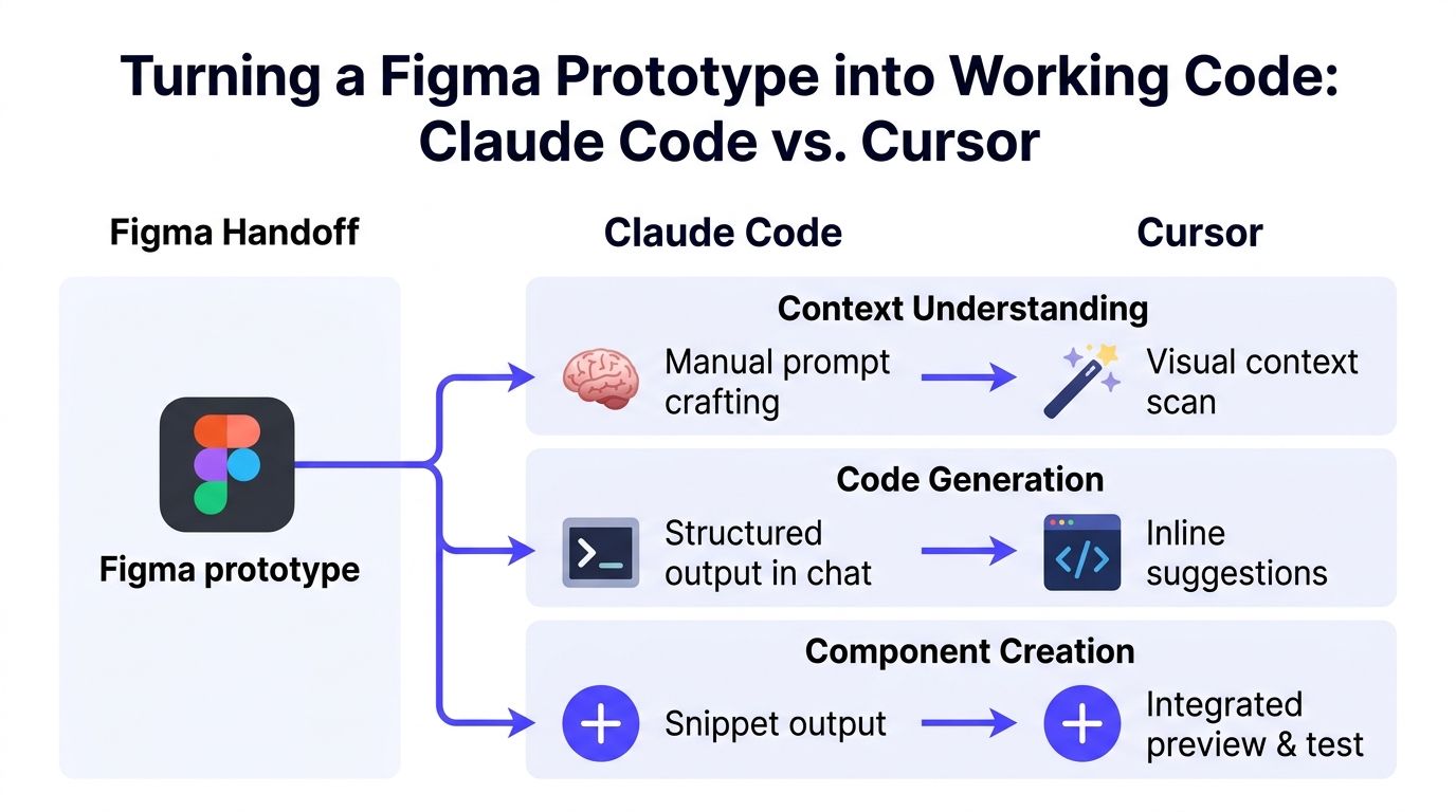 A comparison chart showing how Claude Code and Cursor convert a Figma prototype into functional software code.