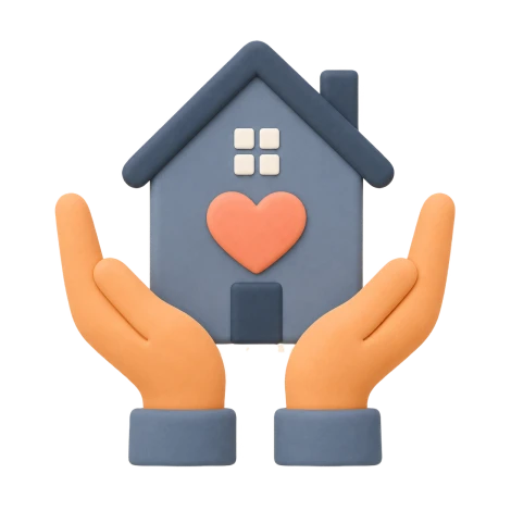 3D graphic of a hand holding a smartphone showing a house icon and checkmark.