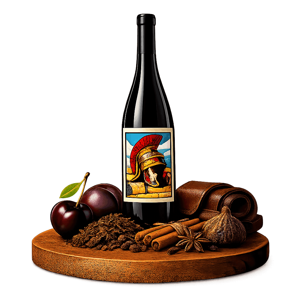 Artistic label and flavor profile for Valul lui Traian Red on a rustic wooden table.