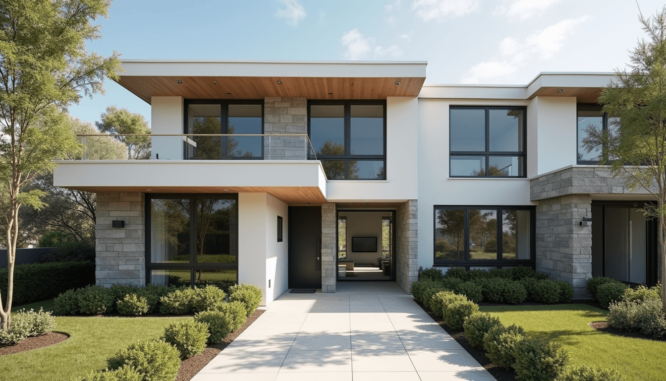 Eye-level view of a modern town home exterior with clean lines and landscaped front yard