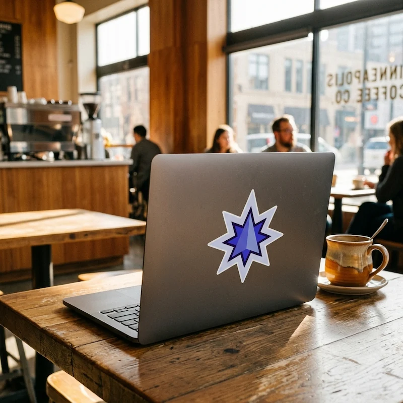 A laptop sits open on a café table in a sunny Minneapolis coffee shop with the Minnesota eight-pointed star logo sticker on the lid, a coffee cup beside it.