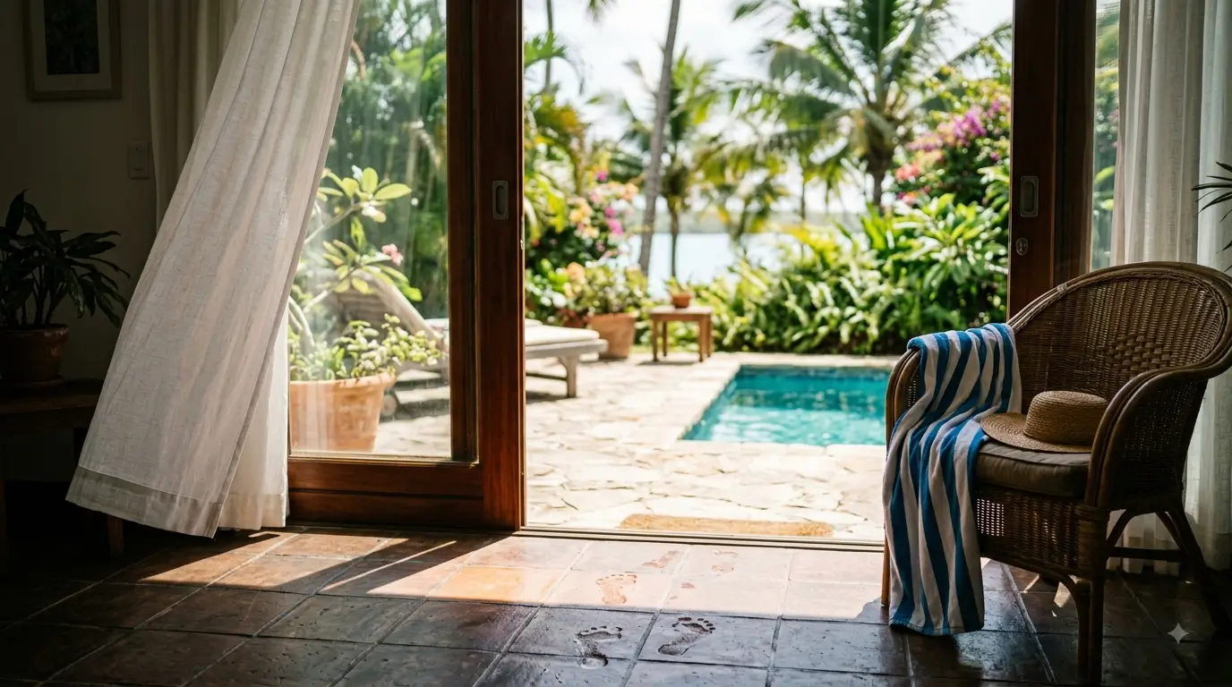 Open terrace door onto a sunlit pool patio, seen from a shaded living room in the afternoon.