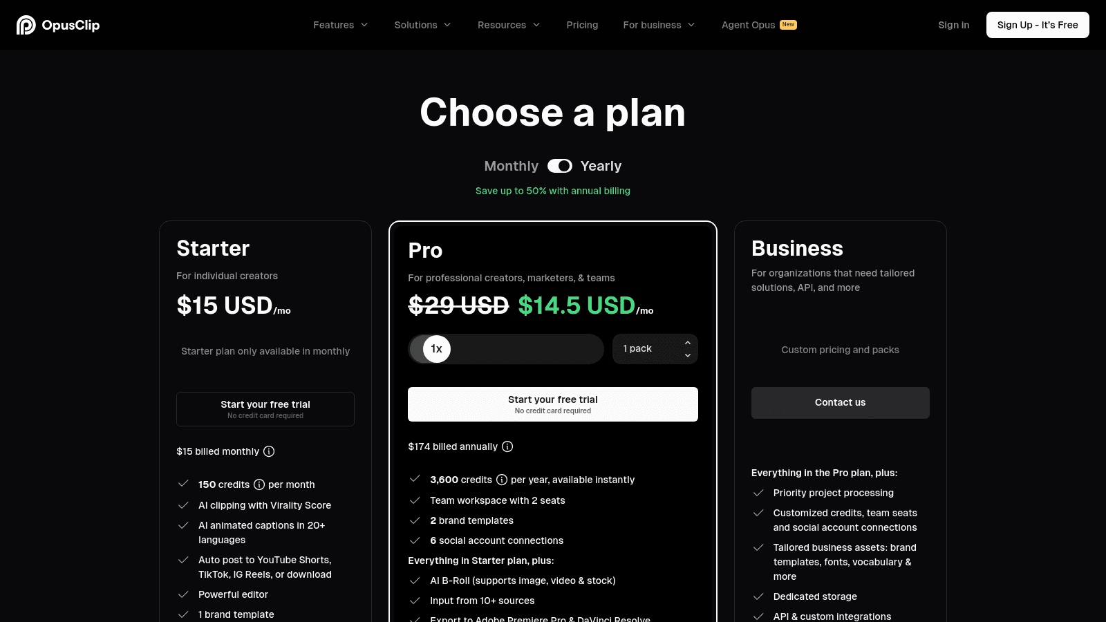 OpusClip pricing page featuring Starter, Pro, and Business subscription plans for individual and team creators.
