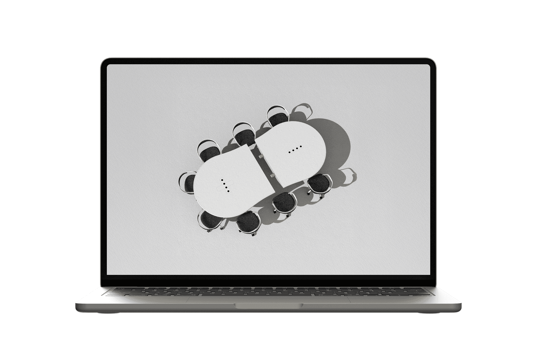 Laptop displaying a 3D visualization of a modular meeting table system