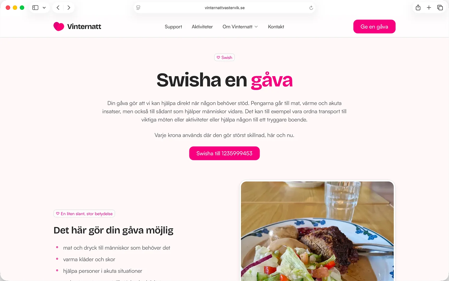 Gåvosektion på Vinternatt Västerviks hemsida med rubriken "Swisha en gåva" och Swish-nummer.