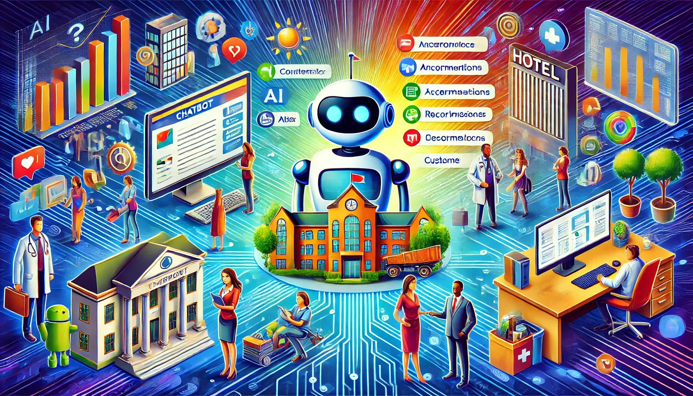 A vibrant illustration showcasing a robot in the center surrounded by various elements representing technology and AI applications. These include charts, graphs, people interacting with tech devices, a hospital, a hotel, and educational institutions, indicating diverse sectors influenced by AI.