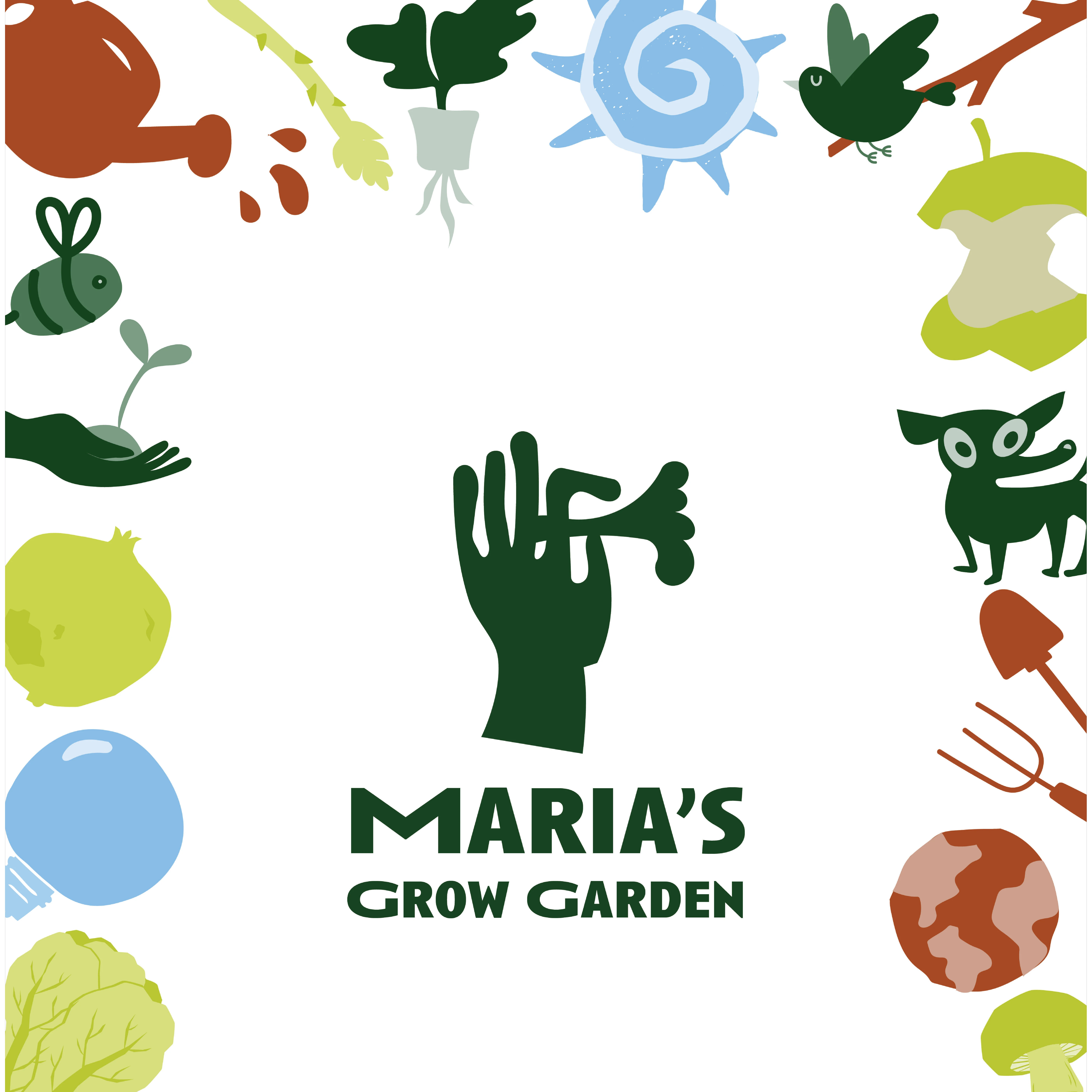 MGG- Whimsical garden-themed logo with a hand holding a leaf, surrounded by icons of plants, tools, and animals. Text reads "Maria's Grow Garden.”