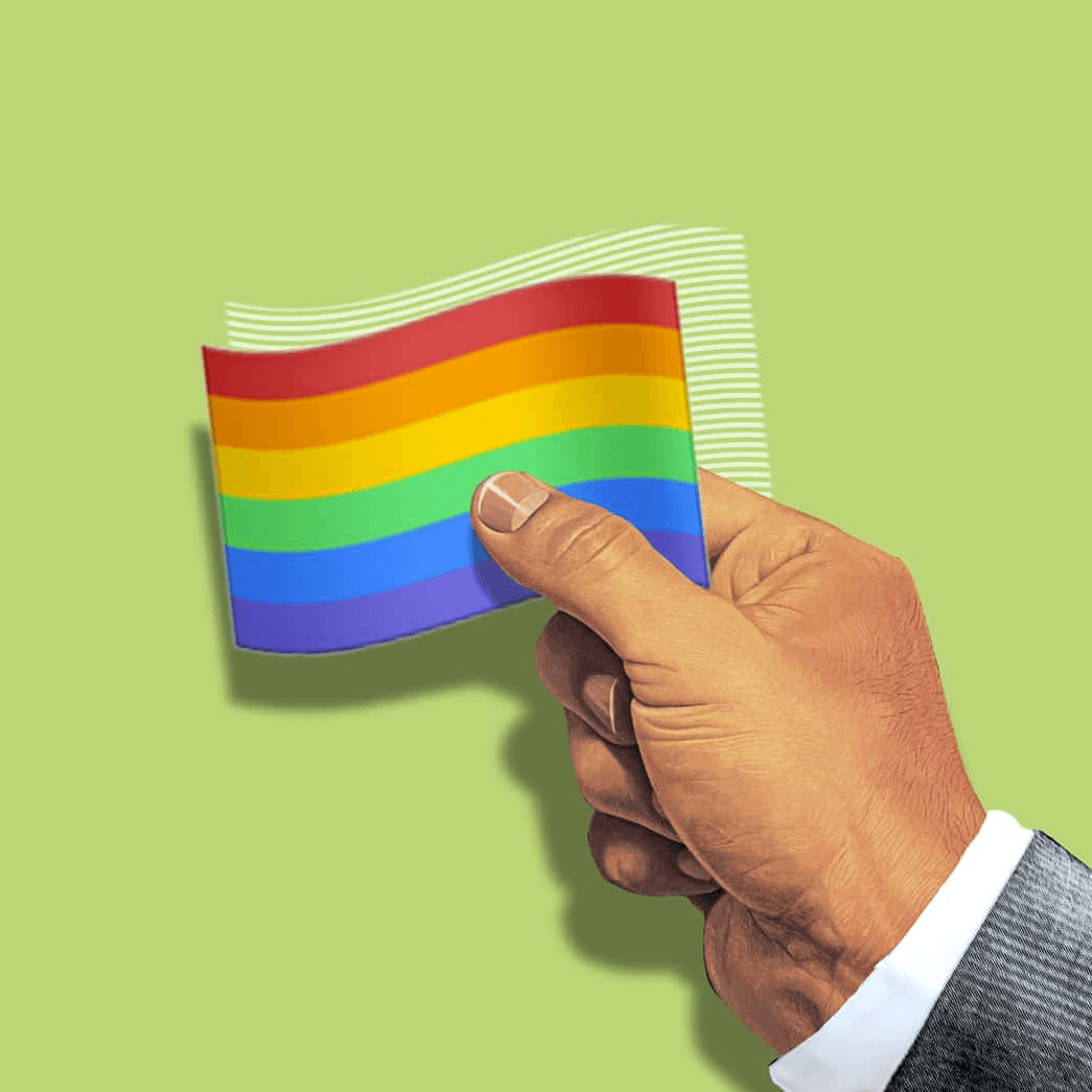 Mano sosteniendo bandera arcoíris sobre fondo verde, símbolo de orgullo LGBTQ+.