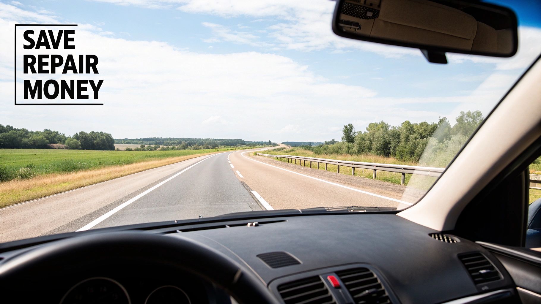 A hand holding a magnifying glass over a small chip on a car's windshield.