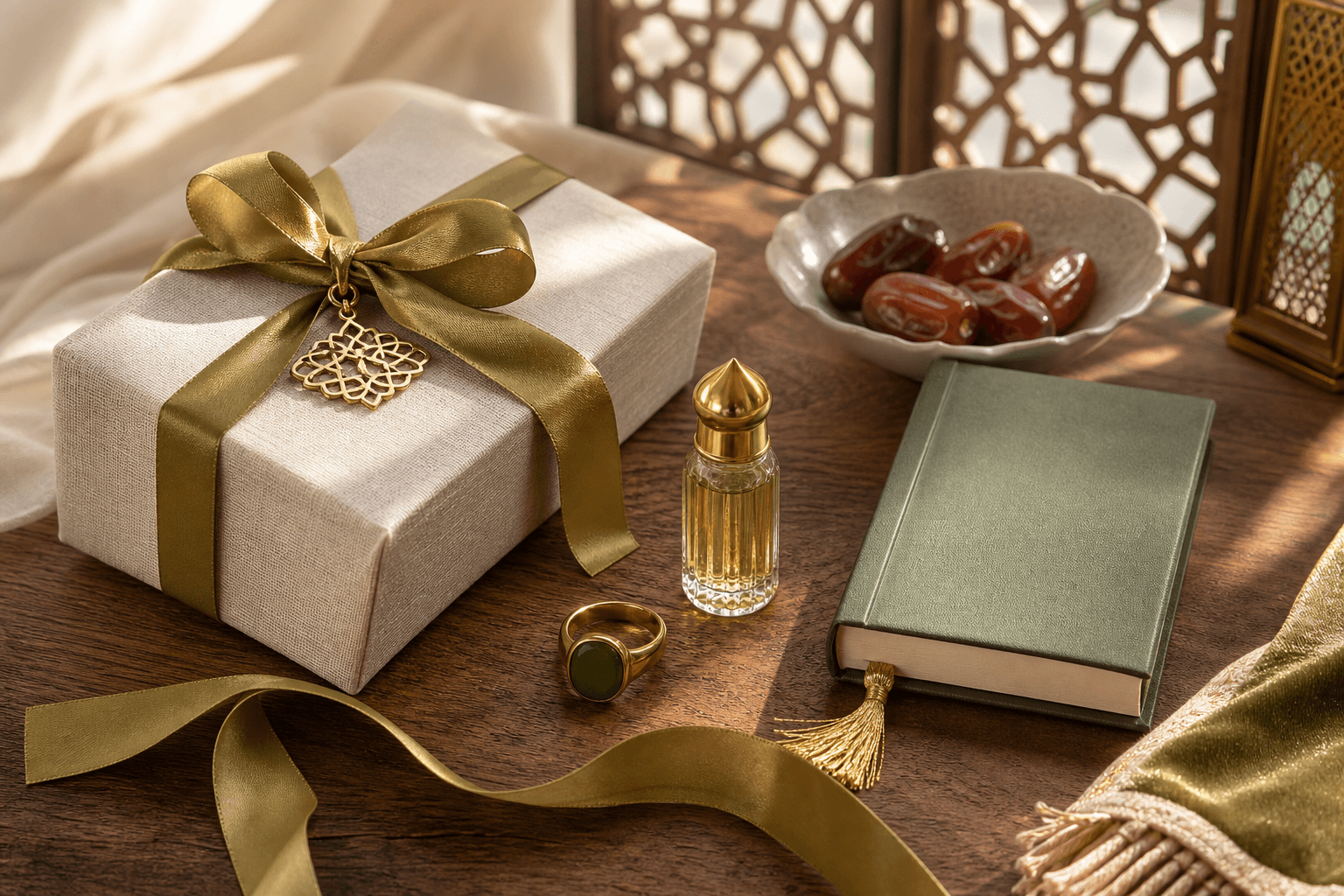 Thoughtful halal Eid present flat lay with attar, dates, a dua book, a wrapped gift and a dhikr ring