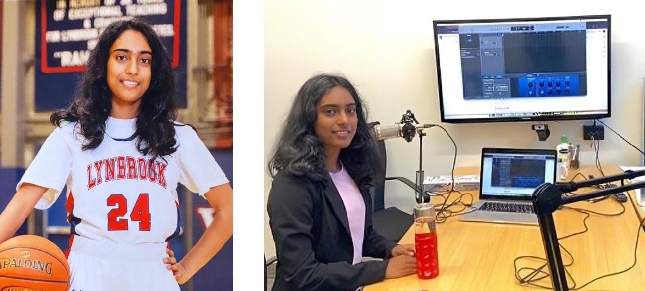 Shripriya participating in her extracurricular activities, including playing basketball and hosting her podcast