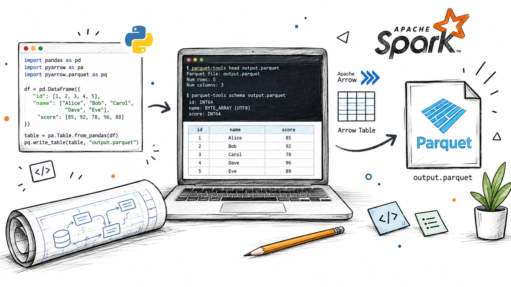 A hand-drawn illustration showing the creation, inspection, and usage of Apache Parquet data files.