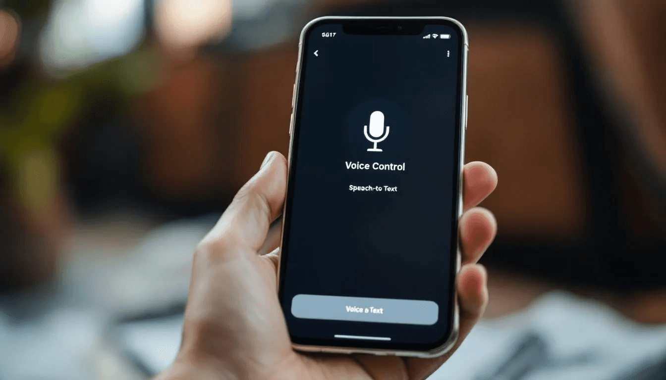 The image depicts a mobile phone displaying an accessible app interface designed for visually impaired users, featuring voice control capabilities and assistive technologies. This interface aligns with the European Accessibility Act and web content accessibility guidelines, ensuring that digital services are inclusive and meet accessibility requirements for a broader audience.